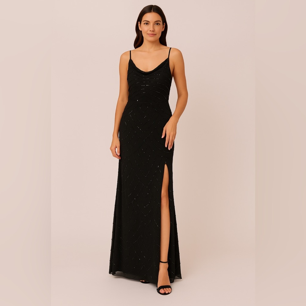 Adrianna Papell Black Beaded Cowl Neck Gown Size 16 NWT ART DECO GALA MOB Formal